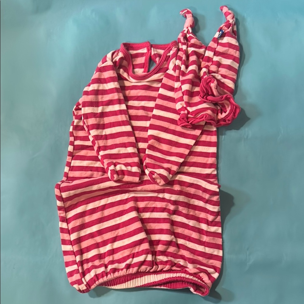 Fuchsia, Pink and White striped sack dress with Matching pigtail hat